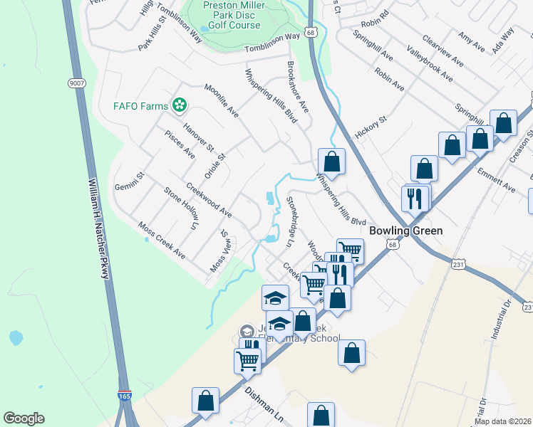 map of restaurants, bars, coffee shops, grocery stores, and more near 2505 Stonebridge Lane in Bowling Green
