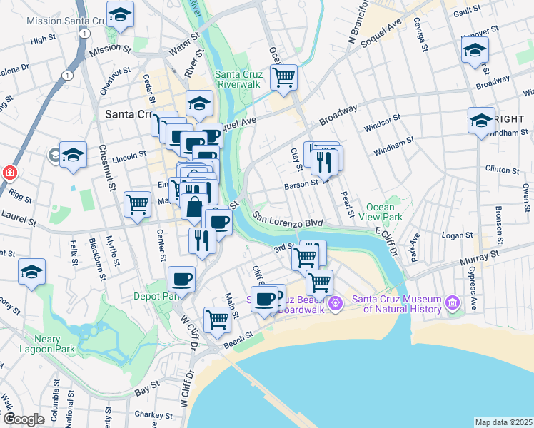 map of restaurants, bars, coffee shops, grocery stores, and more near 299 San Lorenzo Boulevard in Santa Cruz