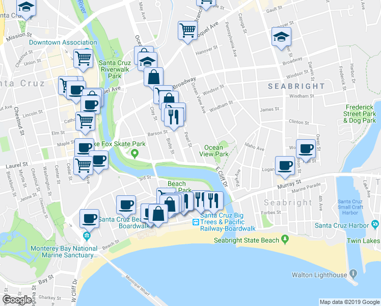 map of restaurants, bars, coffee shops, grocery stores, and more near 106 Ocean Street in Santa Cruz