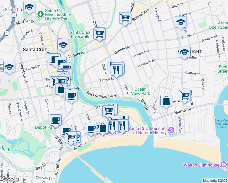 map of restaurants, bars, coffee shops, grocery stores, and more near 123 Bixby Street in Santa Cruz