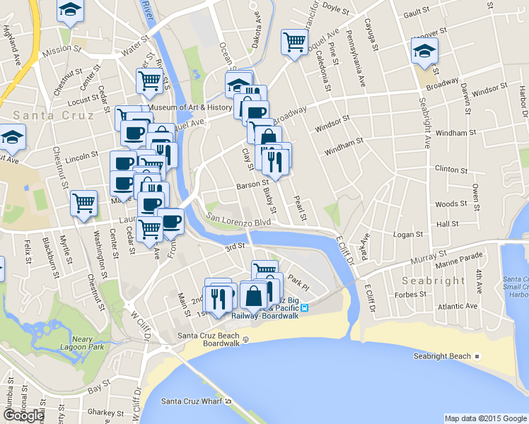 map of restaurants, bars, coffee shops, grocery stores, and more near 123 Bixby Street in Santa Cruz