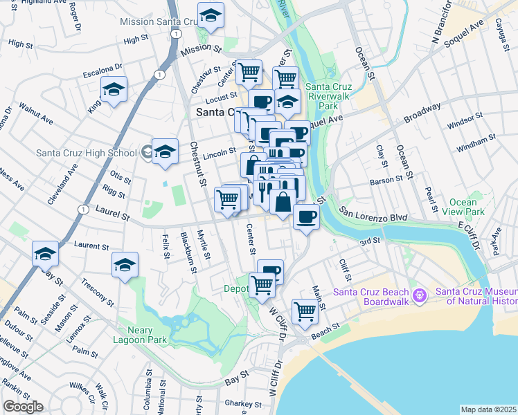 map of restaurants, bars, coffee shops, grocery stores, and more near 309 Laurel Street in Santa Cruz