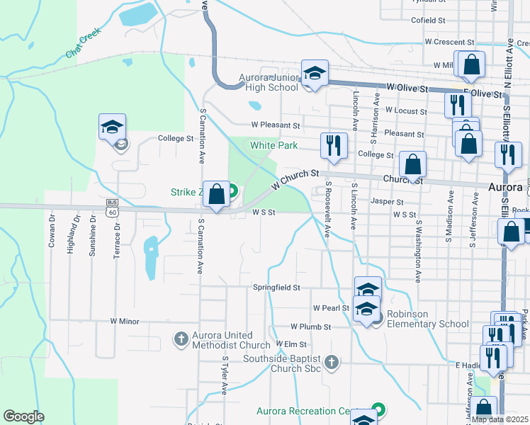 map of restaurants, bars, coffee shops, grocery stores, and more near 720 West South Street in Aurora
