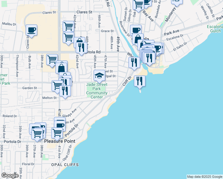 map of restaurants, bars, coffee shops, grocery stores, and more near 750 47th Avenue in Capitola