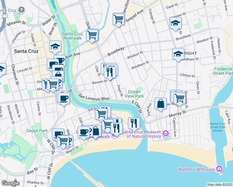 map of restaurants, bars, coffee shops, grocery stores, and more near 2 Ocean Street in Santa Cruz