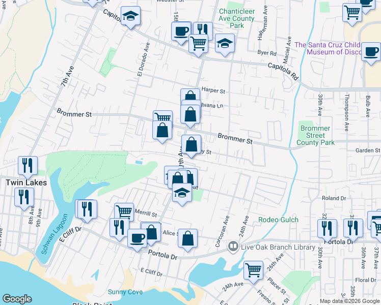 map of restaurants, bars, coffee shops, grocery stores, and more near 1730 Kinsley Street in Santa Cruz