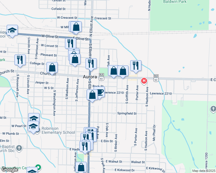map of restaurants, bars, coffee shops, grocery stores, and more near 601 South Oak Avenue in Aurora