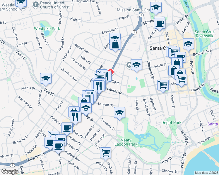 map of restaurants, bars, coffee shops, grocery stores, and more near 1211 Mission Street in Santa Cruz