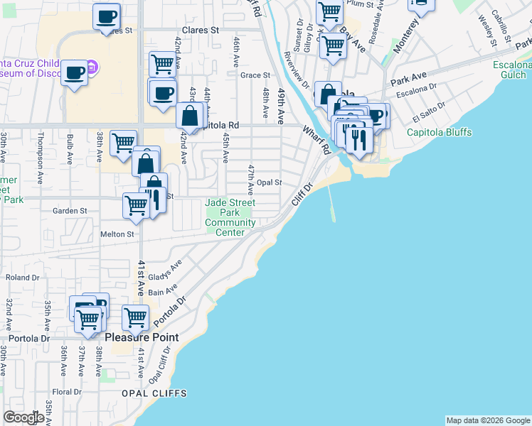 map of restaurants, bars, coffee shops, grocery stores, and more near 750 47th Avenue in Capitola