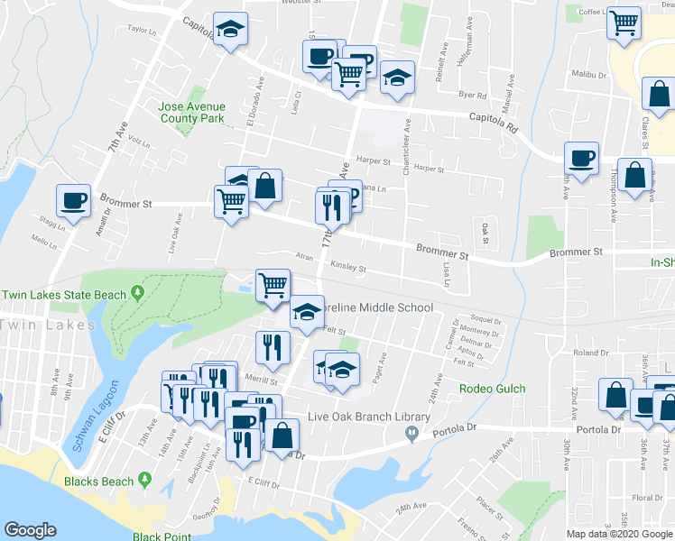 map of restaurants, bars, coffee shops, grocery stores, and more near 980 17th Avenue in Santa Cruz