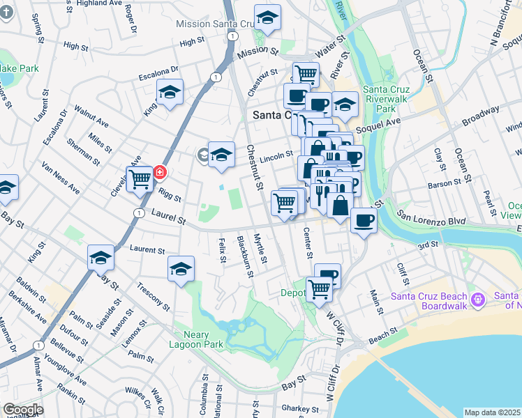 map of restaurants, bars, coffee shops, grocery stores, and more near 602 Laurel Street in Santa Cruz