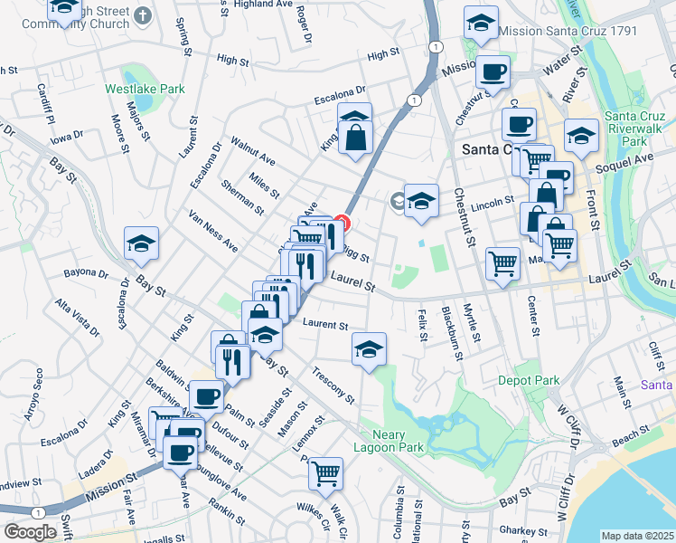 map of restaurants, bars, coffee shops, grocery stores, and more near 1211 Mission Street in Santa Cruz