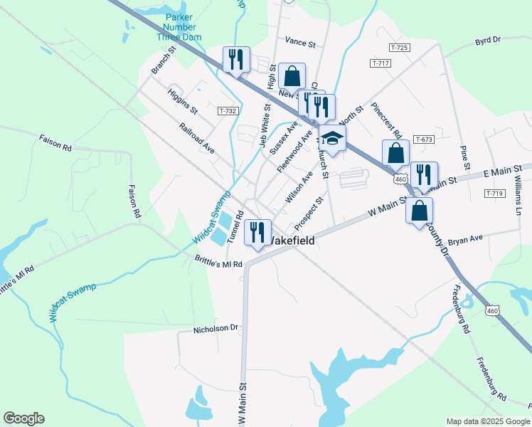 map of restaurants, bars, coffee shops, grocery stores, and more near 231 Railroad Avenue in Wakefield