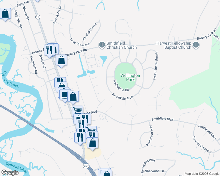 map of restaurants, bars, coffee shops, grocery stores, and more near 217 Grandville Arch in Smithfield