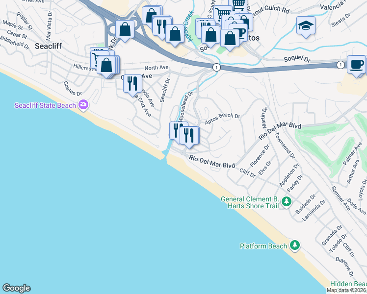 map of restaurants, bars, coffee shops, grocery stores, and more near 107 Aptos Beach Drive in Aptos