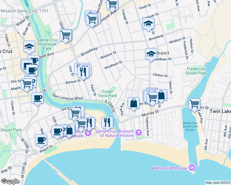 map of restaurants, bars, coffee shops, grocery stores, and more near 55 South Branciforte Avenue in Santa Cruz