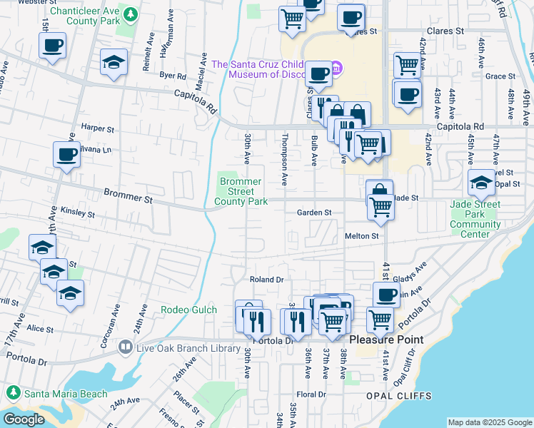 map of restaurants, bars, coffee shops, grocery stores, and more near 3030 Santa Fe Court in Santa Cruz