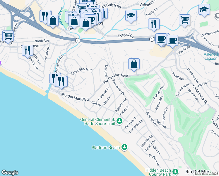 map of restaurants, bars, coffee shops, grocery stores, and more near 310 Martin Drive in Aptos
