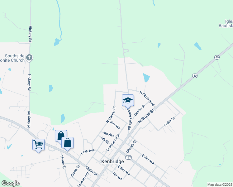 map of restaurants, bars, coffee shops, grocery stores, and more near 115 Brydie Street in Kenbridge