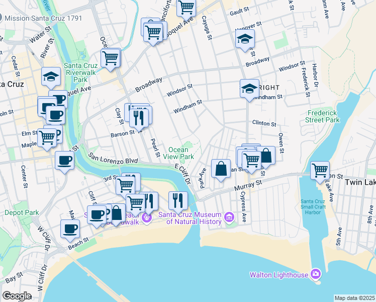 map of restaurants, bars, coffee shops, grocery stores, and more near 55 South Branciforte Avenue in Santa Cruz
