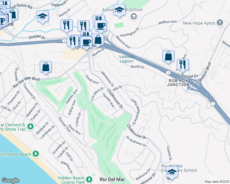 map of restaurants, bars, coffee shops, grocery stores, and more near 504 Monterey Drive in Aptos