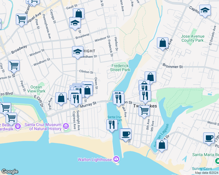 map of restaurants, bars, coffee shops, grocery stores, and more near 92 Frederick Street in Santa Cruz