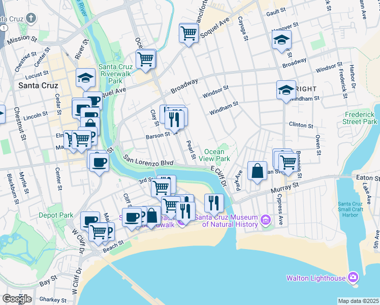 map of restaurants, bars, coffee shops, grocery stores, and more near 106 Ocean Street in Santa Cruz