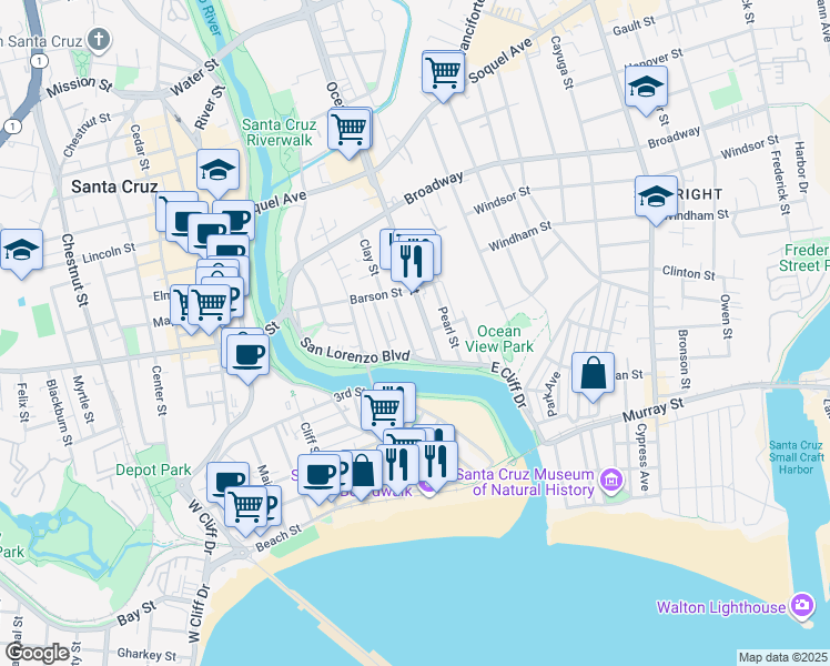 map of restaurants, bars, coffee shops, grocery stores, and more near 123 Bixby Street in Santa Cruz