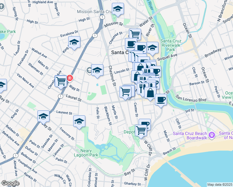 map of restaurants, bars, coffee shops, grocery stores, and more near 602 Laurel Street in Santa Cruz