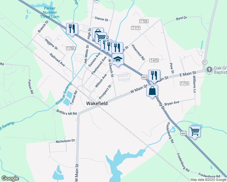 map of restaurants, bars, coffee shops, grocery stores, and more near 110 West Church Street in Wakefield