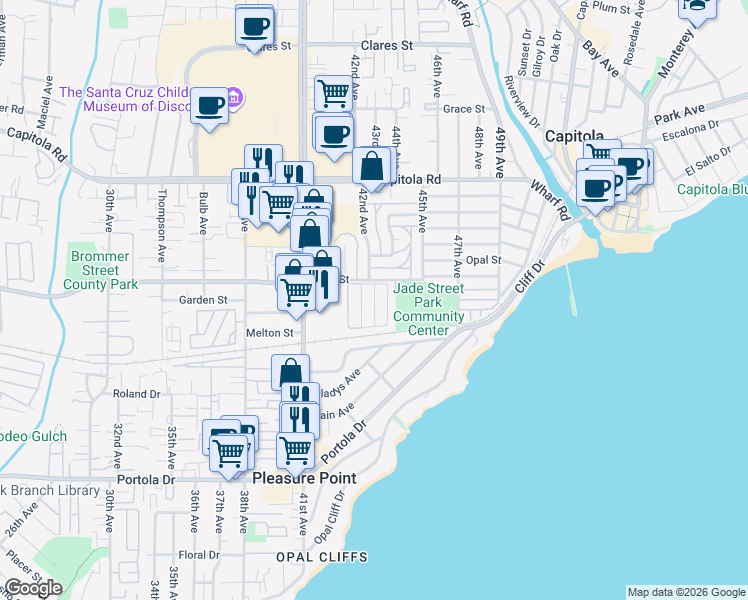 map of restaurants, bars, coffee shops, grocery stores, and more near 4160 Jade Street in Capitola