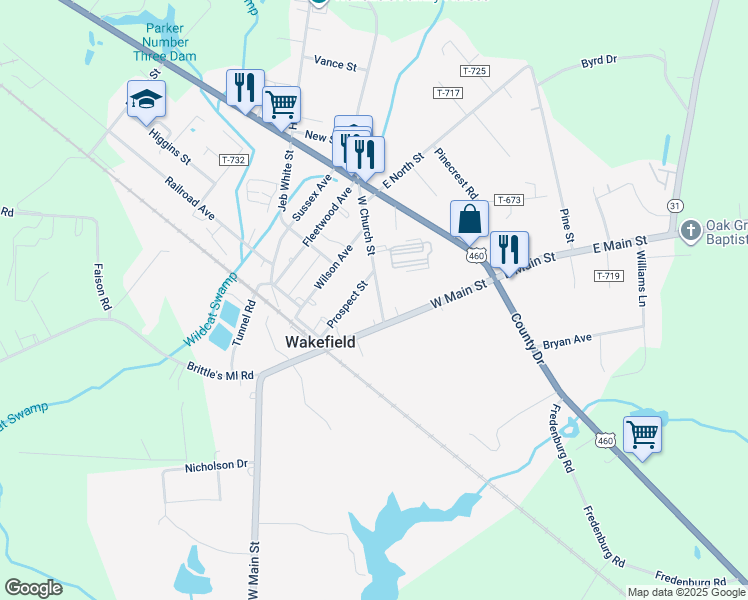 map of restaurants, bars, coffee shops, grocery stores, and more near 110 West Church Street in Wakefield
