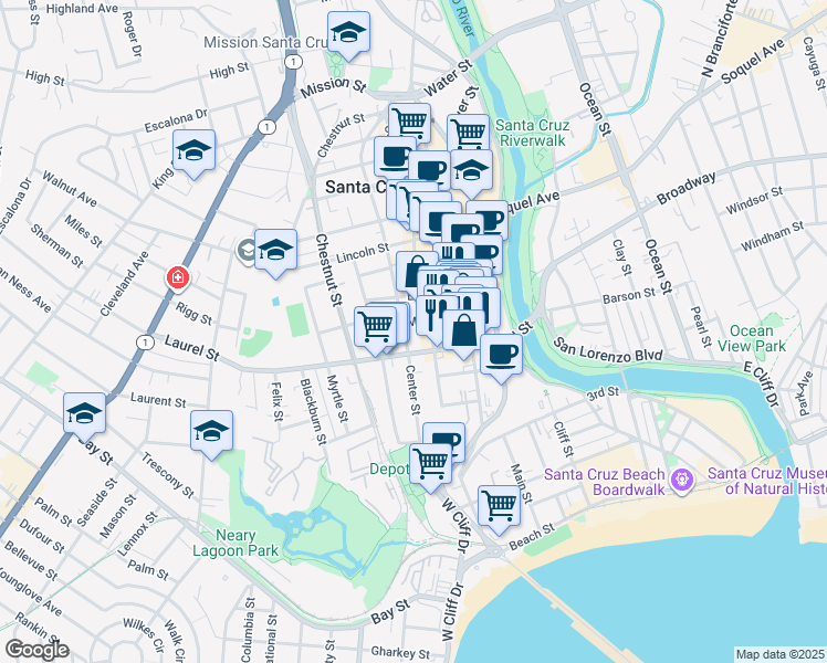 map of restaurants, bars, coffee shops, grocery stores, and more near 320 Center Street in Santa Cruz