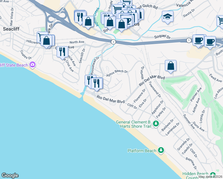 map of restaurants, bars, coffee shops, grocery stores, and more near 202 Sand Street in Aptos