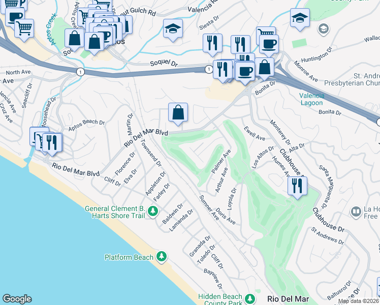 map of restaurants, bars, coffee shops, grocery stores, and more near 404 Belle Monti Court in Aptos