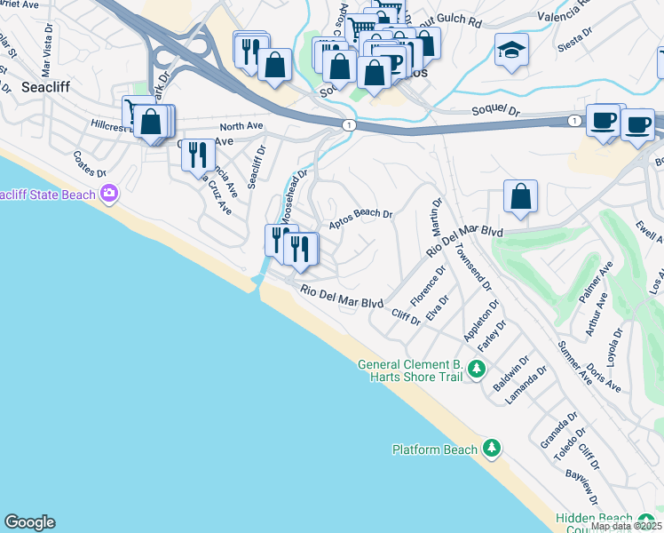 map of restaurants, bars, coffee shops, grocery stores, and more near 155 Stephen Road in Aptos