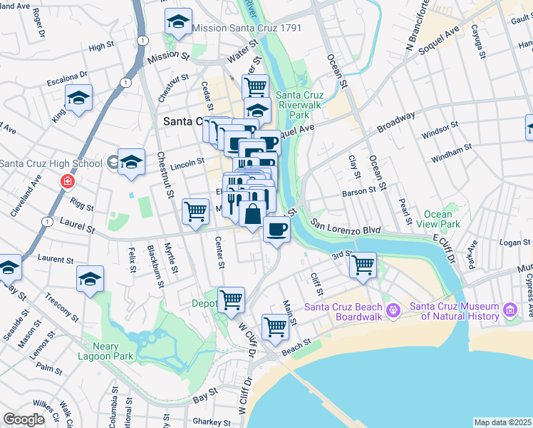map of restaurants, bars, coffee shops, grocery stores, and more near in Santa Cruz