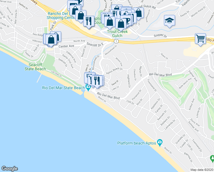 map of restaurants, bars, coffee shops, grocery stores, and more near 124 Venetian Road in Aptos