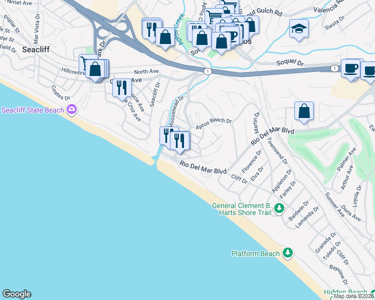 map of restaurants, bars, coffee shops, grocery stores, and more near 124 Venetian Road in Aptos