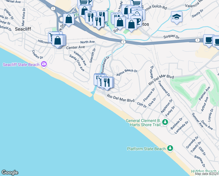 map of restaurants, bars, coffee shops, grocery stores, and more near 110 Beach Drive in Aptos