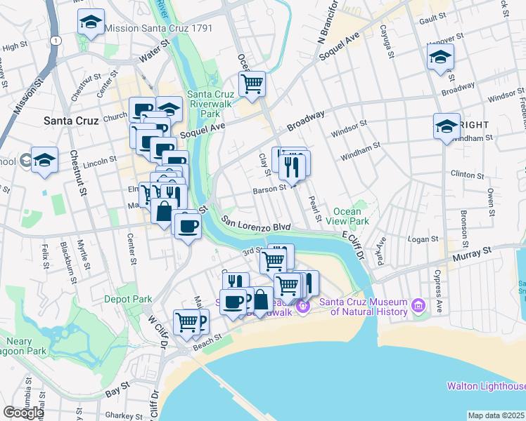map of restaurants, bars, coffee shops, grocery stores, and more near 500 Riverside Avenue in Santa Cruz