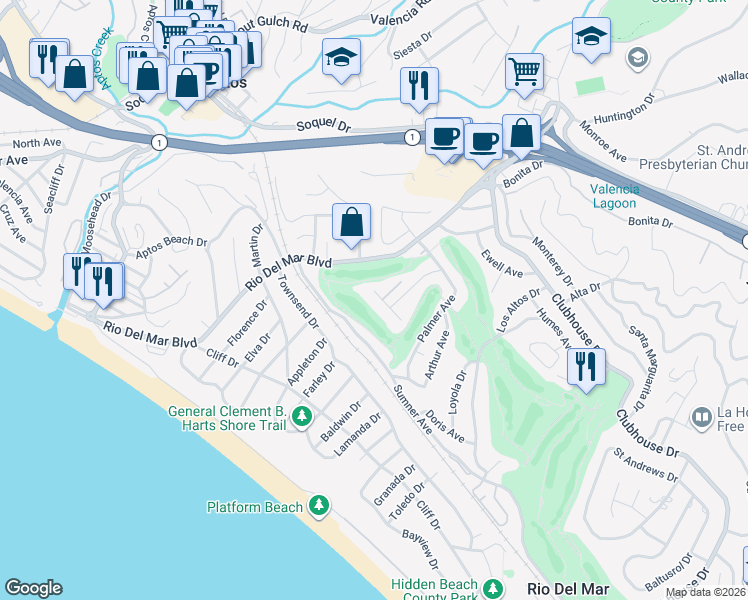map of restaurants, bars, coffee shops, grocery stores, and more near 404 Belle Monti Court in Aptos