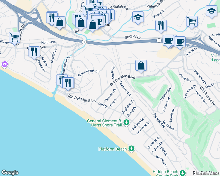 map of restaurants, bars, coffee shops, grocery stores, and more near 332 Rio Del Mar Boulevard in Aptos