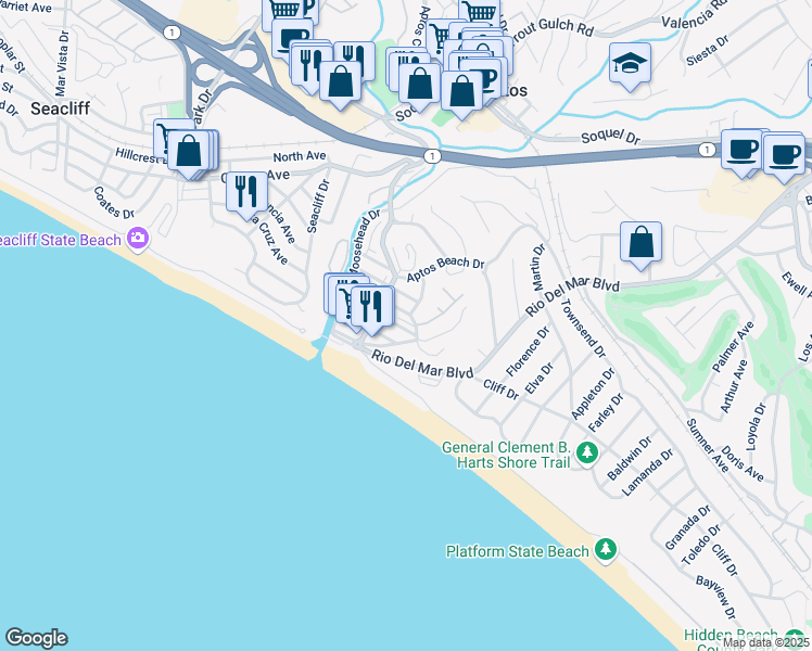 map of restaurants, bars, coffee shops, grocery stores, and more near 151 Stephen Road in Aptos
