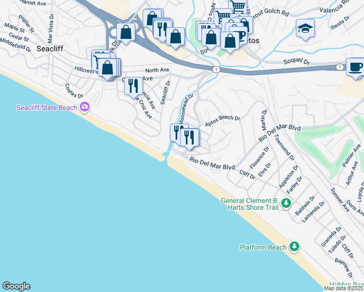 map of restaurants, bars, coffee shops, grocery stores, and more near 118 Marina Avenue in Aptos