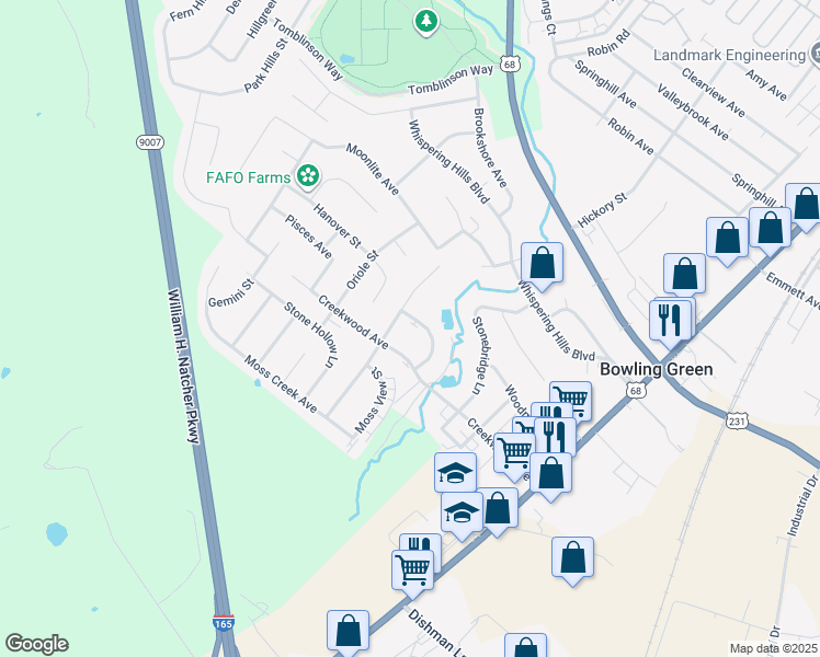 map of restaurants, bars, coffee shops, grocery stores, and more near 218 Spring Creek Avenue in Bowling Green