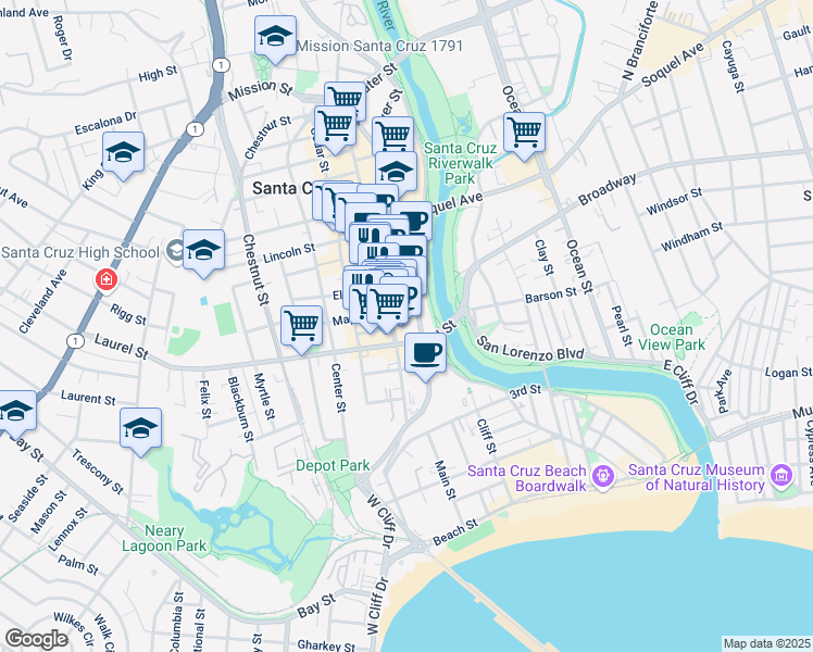 map of restaurants, bars, coffee shops, grocery stores, and more near 920 Pacific Avenue in Santa Cruz