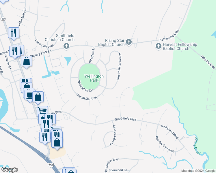 map of restaurants, bars, coffee shops, grocery stores, and more near 300 Grandville Arch in Smithfield