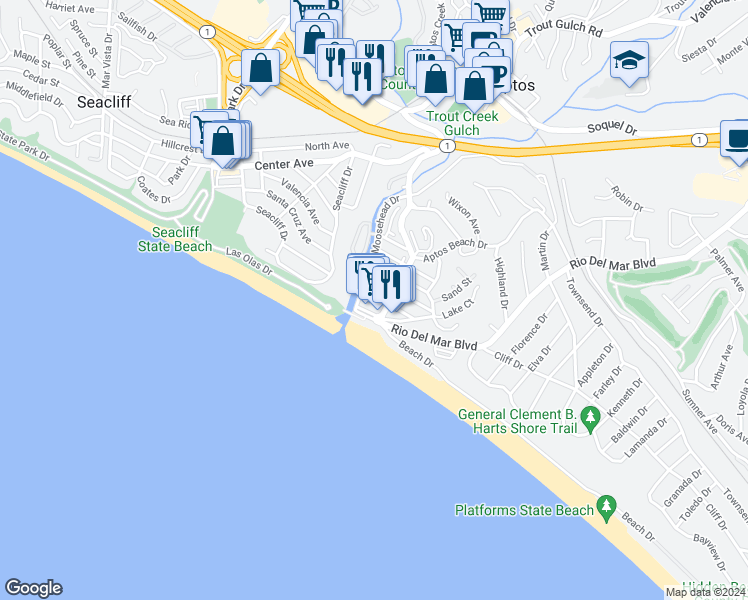map of restaurants, bars, coffee shops, grocery stores, and more near 113 Stephen Road in Aptos