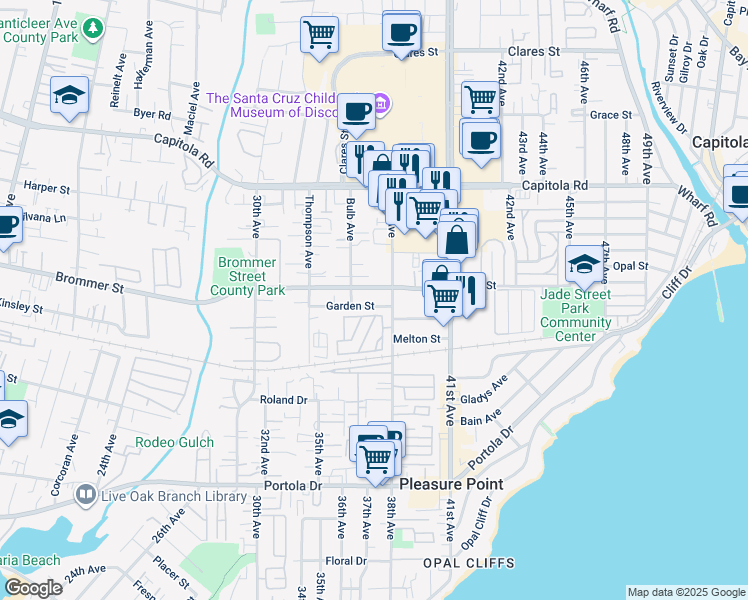 map of restaurants, bars, coffee shops, grocery stores, and more near 1371 38th Avenue in Santa Cruz